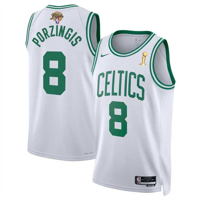 Mens Boston Celtics #8 Kristaps Porzingis White 2024 Finals Champions Association Edition Stitched Basketball Jersey Dzhi